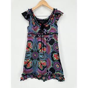 Betsey Johnson Y2k Vintage Silk Paisley Dress Ruffle Floral Babydoll Satin Mini